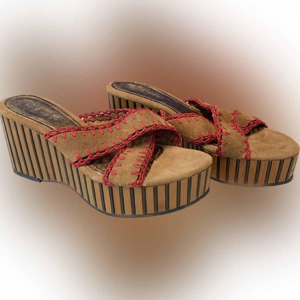 Nine West New platform wedge heels red tan